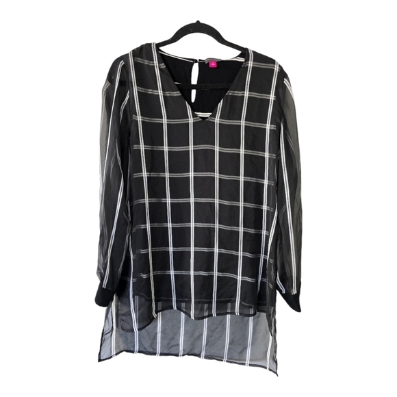 Vince Camuto Tunic Women Sz S Multi Print Mesh Sheer High Low Classy Modern - Picture 1 of 13